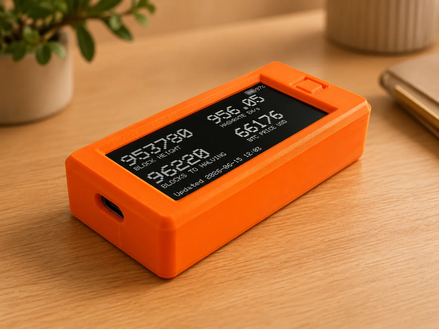 Side view of the DIY block clock case, showing the slim e-ink module on the Heltec Vision Master board