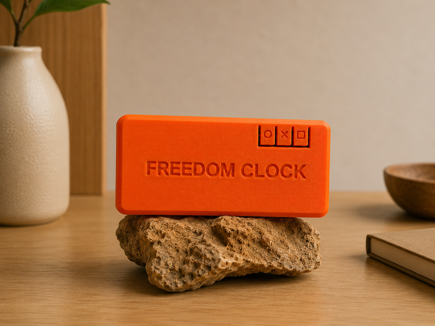 The Freedom Clock — another view of the device on a desk