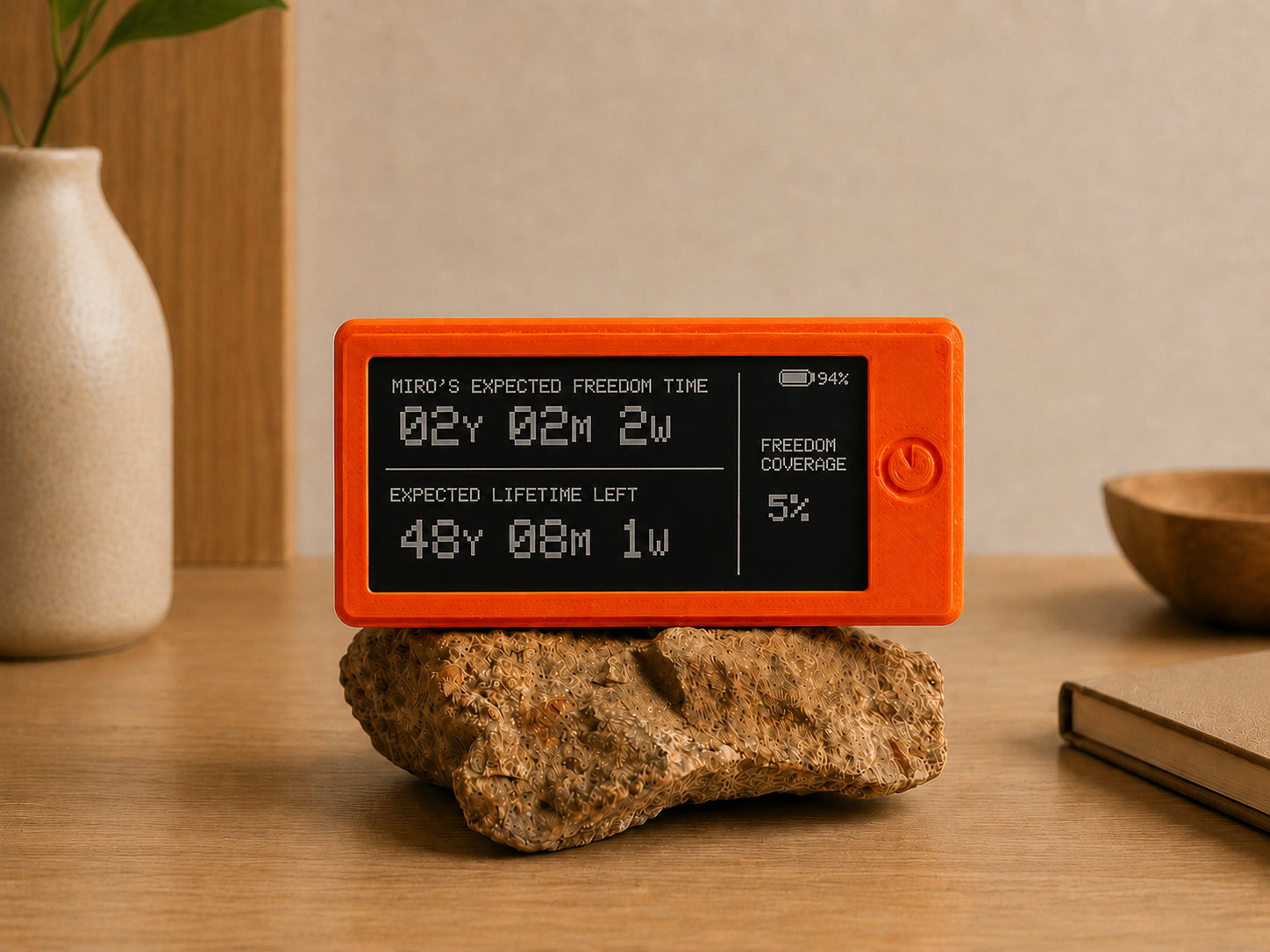 The Freedom Clock — a small orange e-ink display sitting on a stone on a wooden desk, showing freedom time